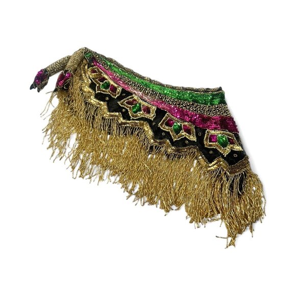 vtg Sequins Beaded Belly Dance Costume Samba Rave Carnival Hip Scarf Belt - Picture 4 of 5